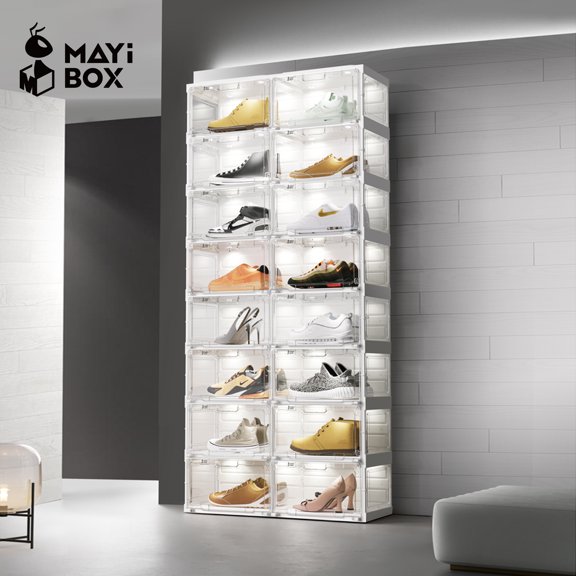 LED White Illuminated Shoe Storage Box with Sound-Activated Light Strip and Magnetic Door