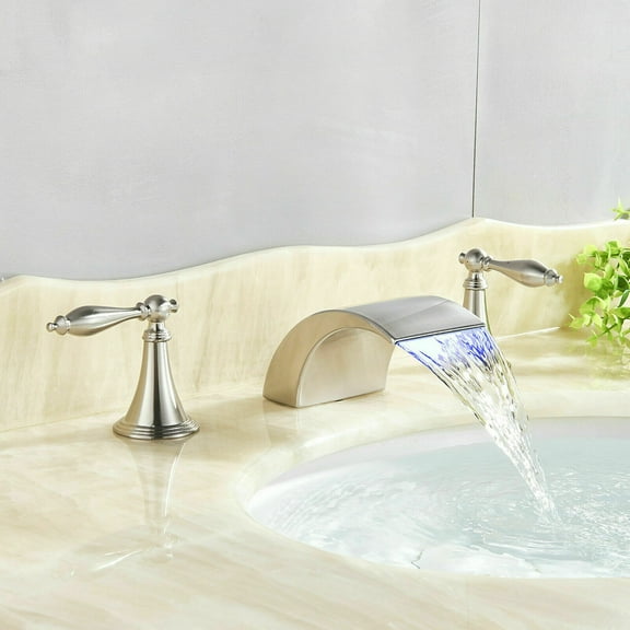 LED Widespread Bathroom Faucet Waterfall Vanity Sink 3 Hole Mixer Brushed Nickel