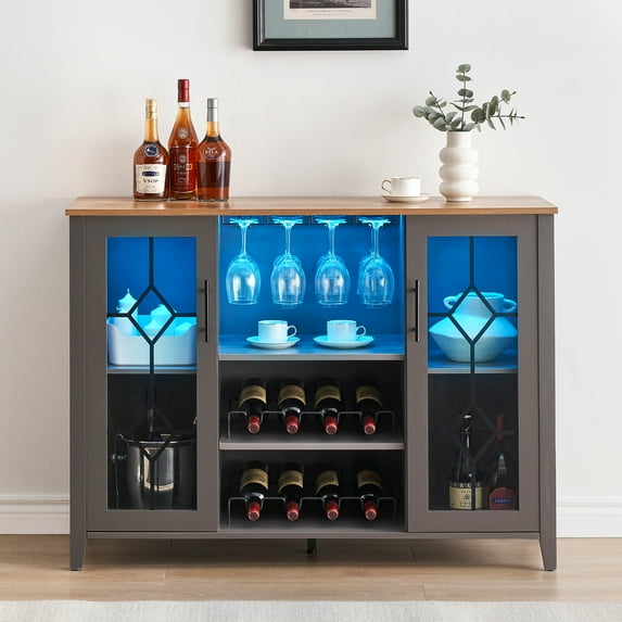 LED Wine Bar Cabinet, 47.2"W Home Coffee Cabinet with Wine and Glass Rack, Kitchen Buffet Sideboard with Storage, Liquor Cabinet for Bar, Dining Room, Kitchen