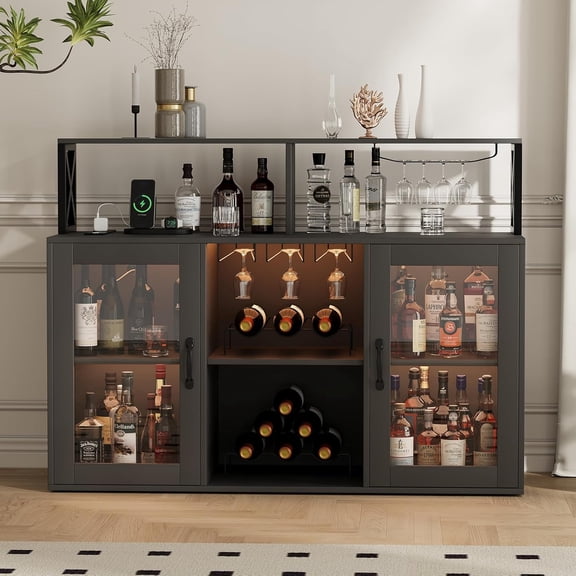 LED Wine Cabinet, Bar Cabinets with Power Outlets, Coffee Bar Cabinet Liquor Cabinet with Wine Racks for Glasses, Vintage Buffet Cabinet for Dining Kitchen