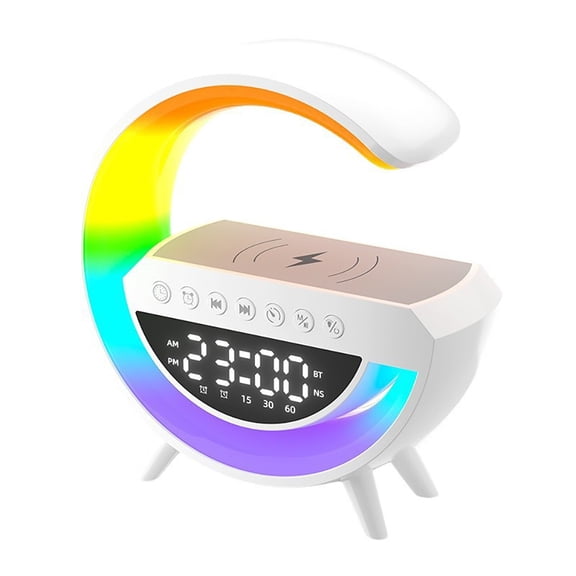 LED Wireless Charging Speaker,RUYIQUQU G-Shaped Compact Bedside Multifunction Station with Bluetooth Speaker Digital Clock Mood Lighting FM Radio Alarm Up to 15W Wireless Charge