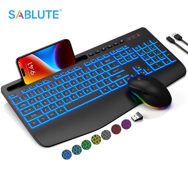 LED Wireless Keyboard and Mouse Combo with 7 Colored Backlits, Wrist