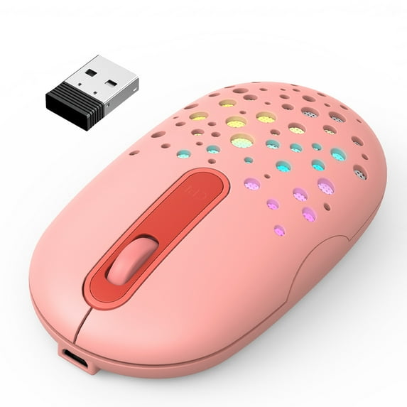 LED Wireless Mouse,Color Changing Mouse with Honeycomb Shell,Rechargeable Slim Cordless Mice,Silent Click and USB Receiver for Laptop Computer Deep Pink