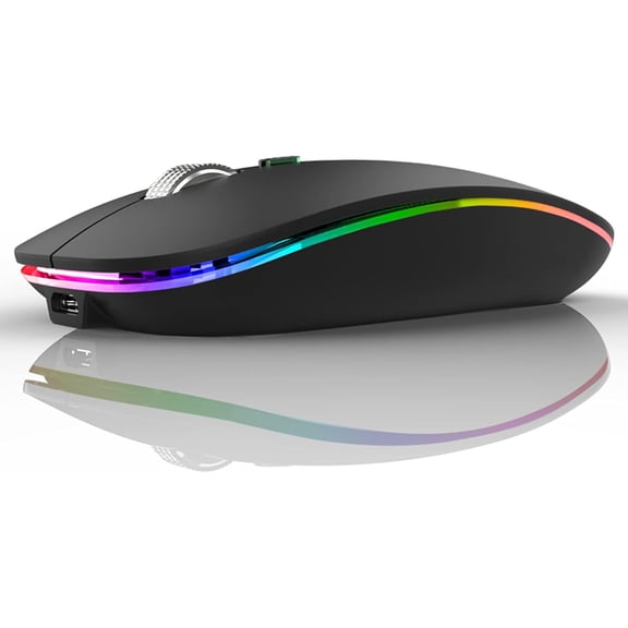 LED Wireless Mouse Rechargeable Silent, 2.4G Slim Portable USB Optical Computer Mouse with USB Receiver and Type C Adapter, 7 Color Light for Laptop PC Mac Matte Black