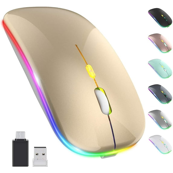 LED Wireless Mouse, Rechargeable Slim Silent Mouse 2.4G Portable Mobile Optical Office Mouse with USB & Type-c Receiver, 3 Adjustable DPI for Notebook, PC, Laptop, Computer, Desktop (Gold)