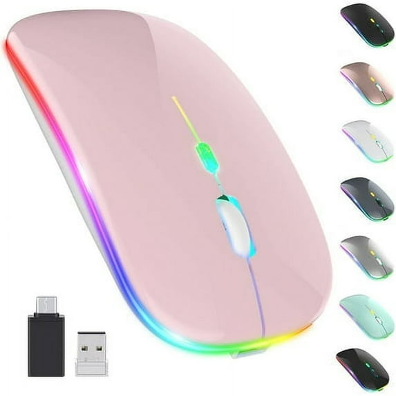 LED Wireless Mouse, Rechargeable Slim Silent Mouse 2.4G Portable Mobile Optical Office Mouse with USB & Type-c Receiver, 3 Adjustable DPI for Notebook, PC, Laptop, Computer, Desktop (Pink)