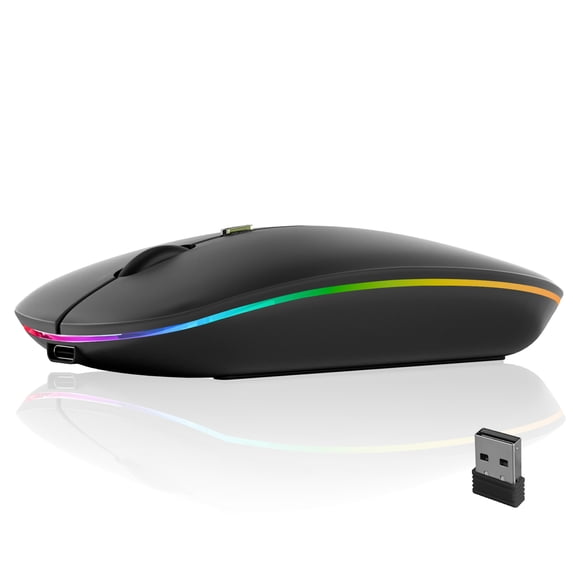 SANPTENT LED Wireless Mouse, Slim Rechargeable Silent Mouse, 2.4G Portable USB Optical Computer Mice with USB Receiver - Black