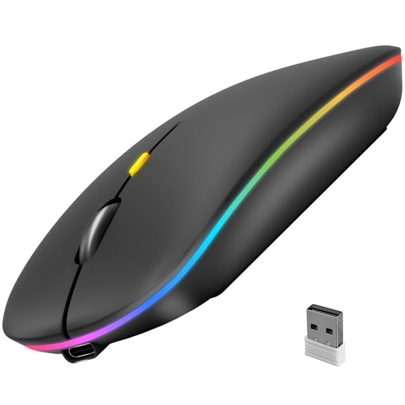 SANPTENT LED Wireless Mouse, Slim Rechargeable Silent Mouse, 2.4G Portable USB Optical Computer Mice with USB Receiver - Black