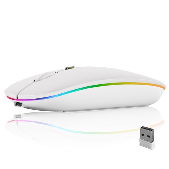 SANPTENT LED Wireless Mouse, Slim Rechargeable Silent Mouse, 2.4G Portable USB Optical Computer Mice with USB Receiver - White