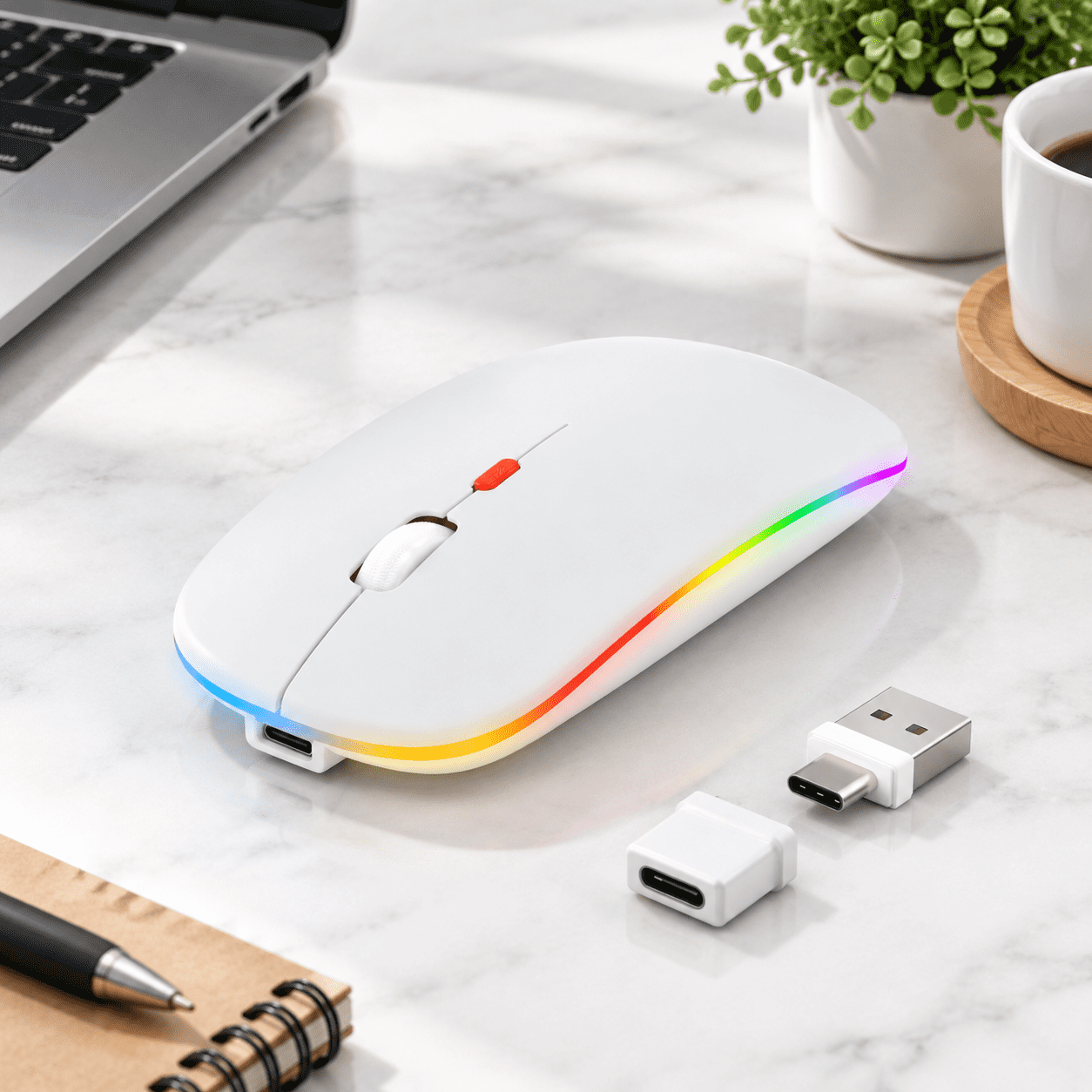LED Wireless Mouse (White), Rechargeable 3 Mode 5.2 & 2.4GHz USB-A/USB ...