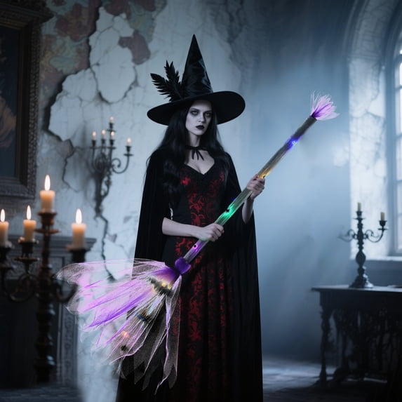 LED Witch Broom Stick Colorful Tulle Net Witch Light Up Accessory Party Prop Glowing Wizard Broom for Halloween Party Dress Up Stage Performance Home Decor