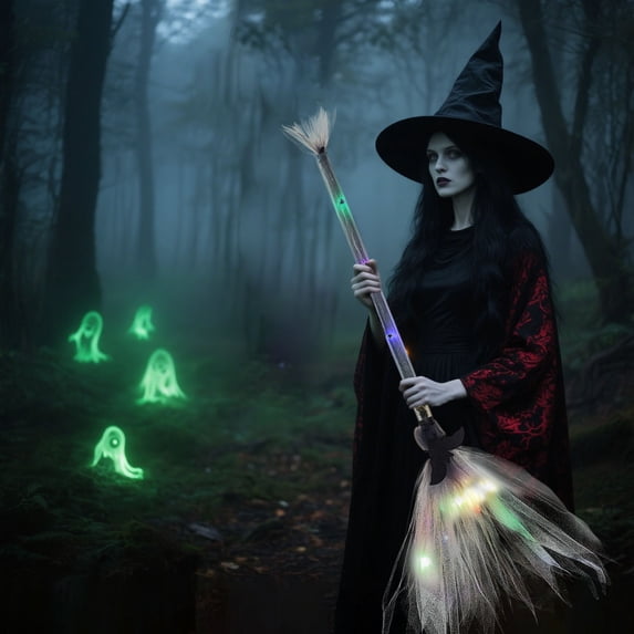 LED Witch Broom Stick Colorful Tulle Net Witch Light Up Accessory Plastic Party Prop Glowing Wizard Broom for Halloween Party Dress Up Stage Performance Home Decor