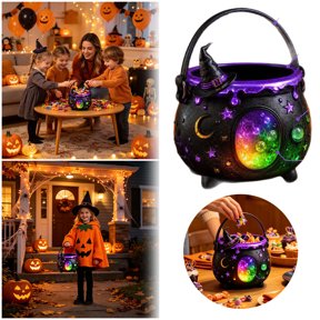 LED Witch Cauldron Halloween Candy Bucket, Plastic Wizard Pot Trick-or-Treat Pail with Witch Hat, Handheld Candy Storage Basket, Halloween Tabletop Ornament, Indoor Outdoor Holiday Party Decor
