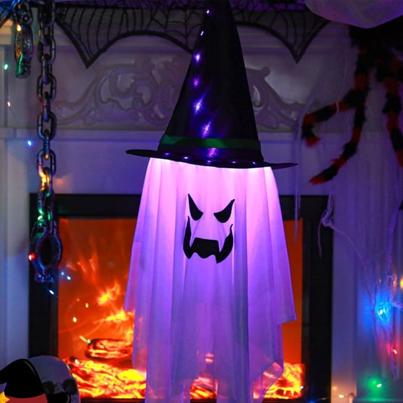 LED Witch Hat String Lights, 41.34in Halloween Garland, Battery Powered Hanging Lamp for Party Porch Mantle Decor White