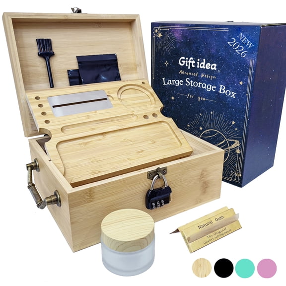 LED Wood Decorative Box with Combination Lock, Bamboo Storage Box with Slide Tray Glass Jar Accessories, Great Gift Choice