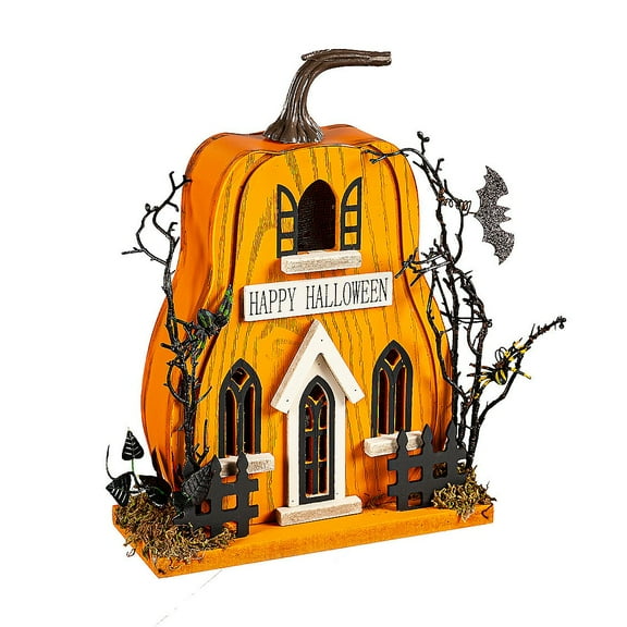 LED Wood "Happy Halloween" Haunted Pumpkin House Table Dcor
