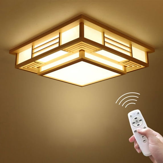 LED Wood Square Tatami Ceiling Light Fixture Chinese Japanese Grid Lamp w/Remote Pendant Light Fixture Wood Square Japanese Hanging Ceiling Lamp Tatami w/Remote