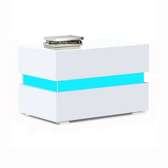 LED Wooden Bedroom Nightstand, High Gloss White / Black, Night Stand with 2 Drawers