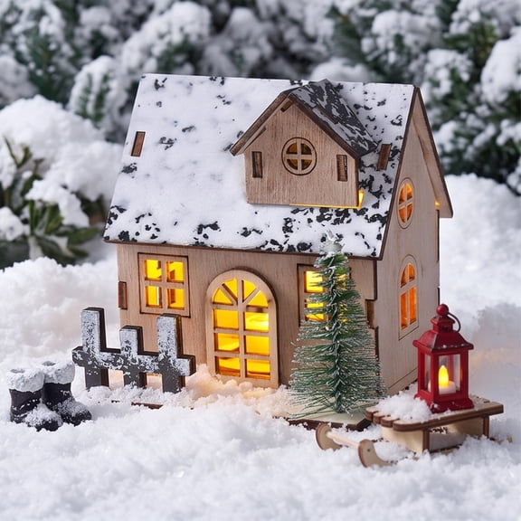 LED Wooden Christmas House DIY Kit Light Up Christmas Cabin Decor Tabletop Holiday Ornament Craft Winter Village Mantel Piece Festive Home Accent