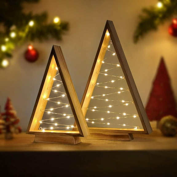 LED Wooden Christmas Tree Light, Modern Farmhouse Tabletop Christmas Dcor, Table Fireplace Mantle Shelf Decorations, Set of 2 (14.3" and 10.7" Tall)