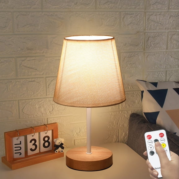 LED Wooden Desk Lamp with Fabric Shade, Dimmable Eye-Caring Table Lamp, Vintage Bedside Reading Light for Home Office and Bedroom ( Beige )