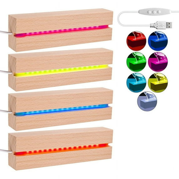 LED Wooden Socket, LED Light Base, USB Wooden Base, LED Lights Socket, Rectangular Illuminated for Acrylic Glass 4pcs