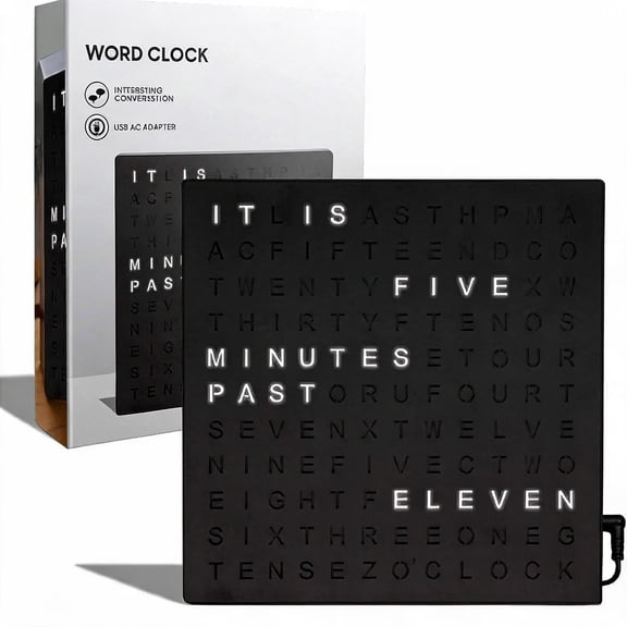 LED Word Digital Clock 7.75 Inch Black Finish Desk or Wall Clock