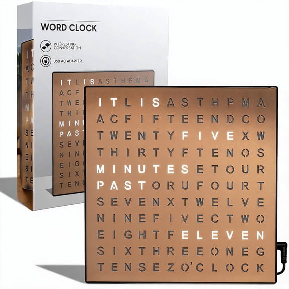 LED Word Digital Clock 7.75 Inch Copper Finish Desk or Wall Clock