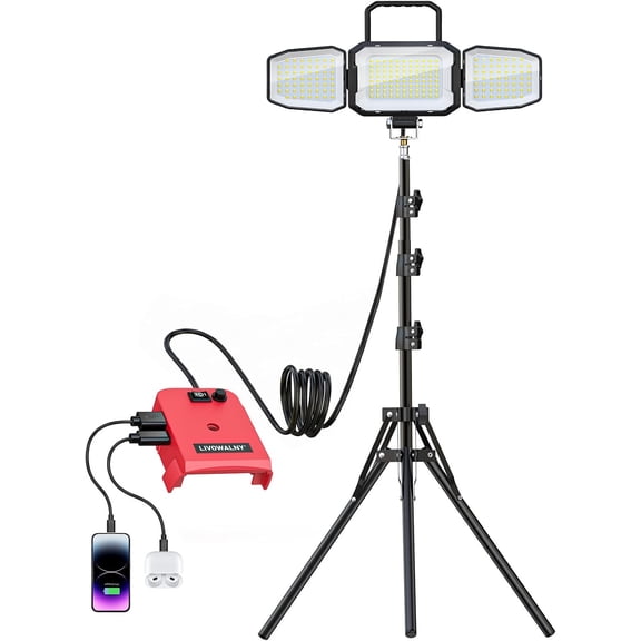 LED Work Light 150W 15000LM 6500K Tri-Head Flood Light with 1.6M Stand and USB Type-C Charging