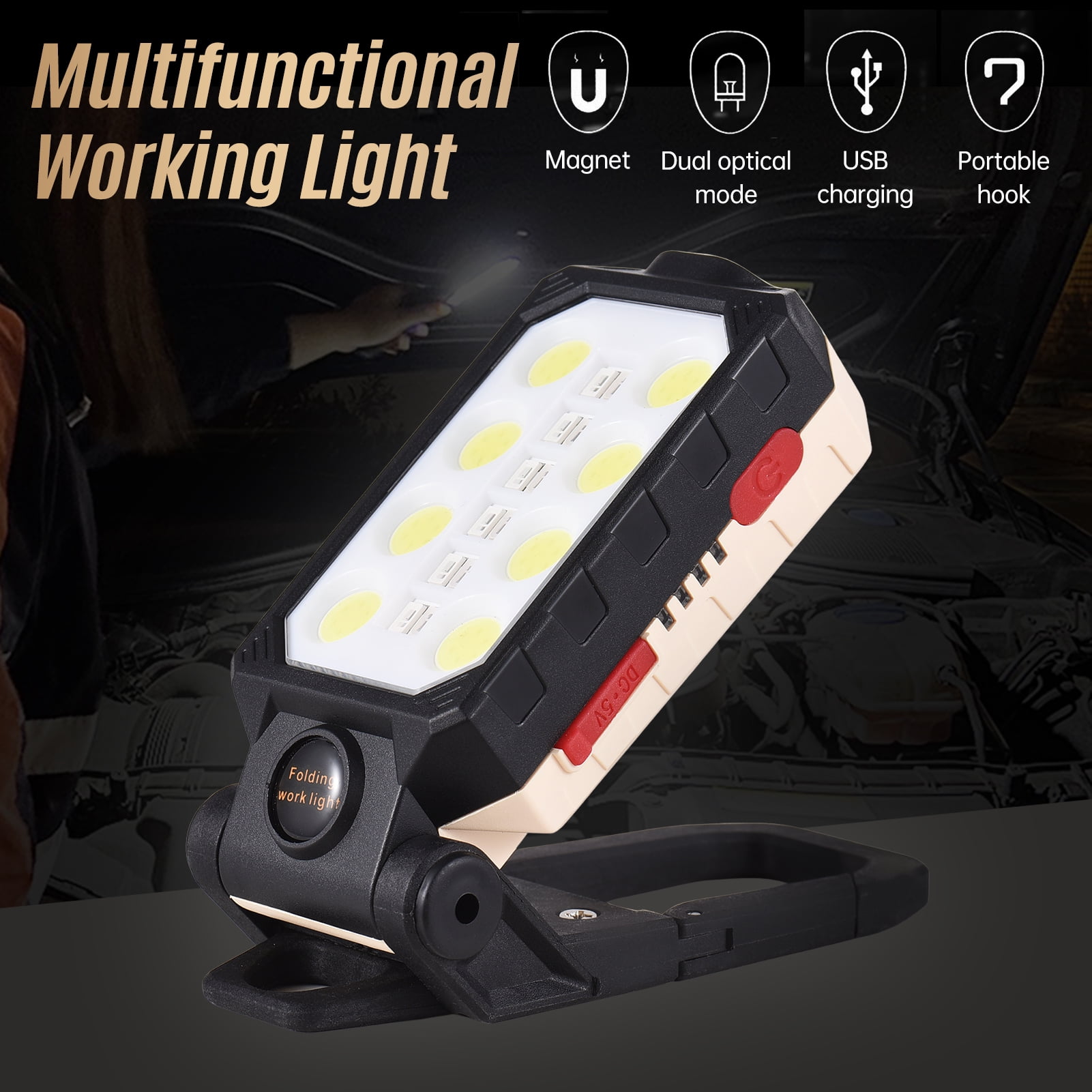 LED Work Light, Aoresac Rechargeable COB LED Magnetic Repair Work Flashlight, Portable Foldable Inspection Lamp Waterproof Floodlight with 4 Light Modes for Car Repairing/Workshop/Garage/Camping