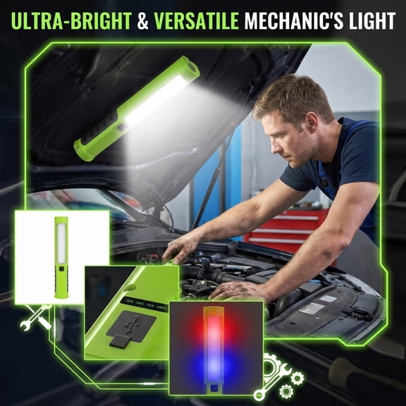 LED Work Light for Car Repair and Garage Use – Rechargeable Portable LED Light with 110LM Main + 600LM Side Brightness, ABS Material, Adjustable Angle