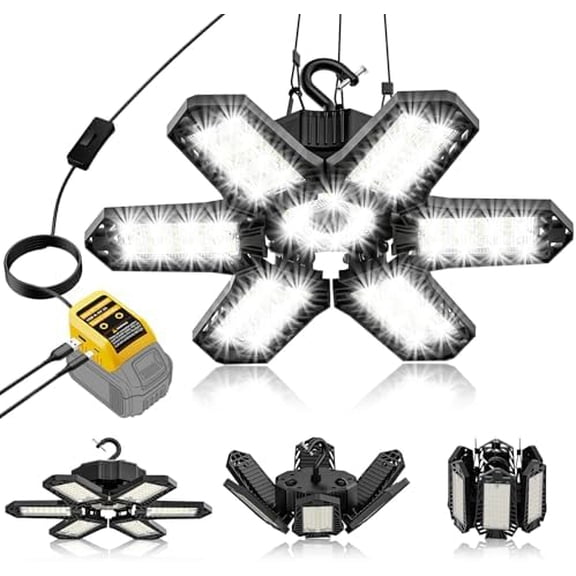 LED Work Light Compatible with Dewalt 20V Battery - 68W 6800LM Ceiling Flood Light 6! Deformable Panels Garage Light with Type-C & USB-A, Emergency Camping Light for Shed, Workshop, Job Site