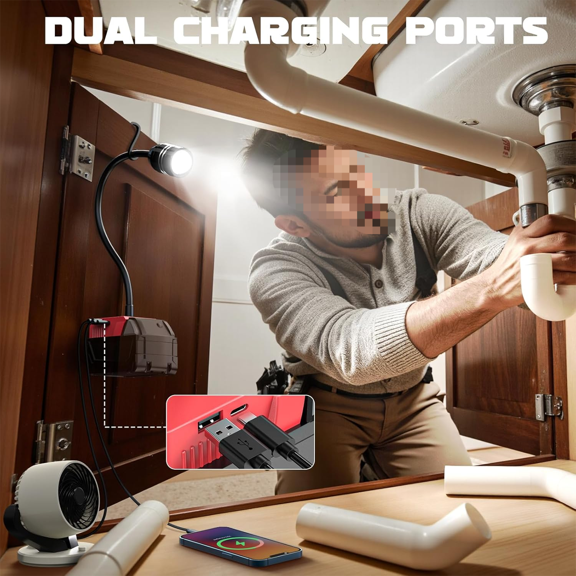 LED Work Light Compatible with Milwaukee, 2PCS 18V LED Work Light with Flexible Gooseneck,20W 2000LM Cordless Battery Flashlight, Zoomable Flood Light with USB for Camping, Emergency, Outdoor