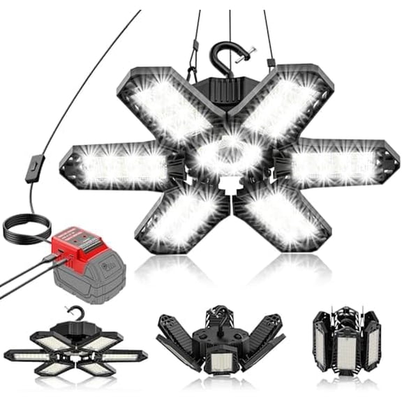 LED Work Light Compatible with Milwaukee M18 Battery - 68W 6800LM Ceiling Flood Light 6! Deformable Panels Garage Light with Type-C & USB-A, Emergency Camping Light for Shed, Workshop, Job Site