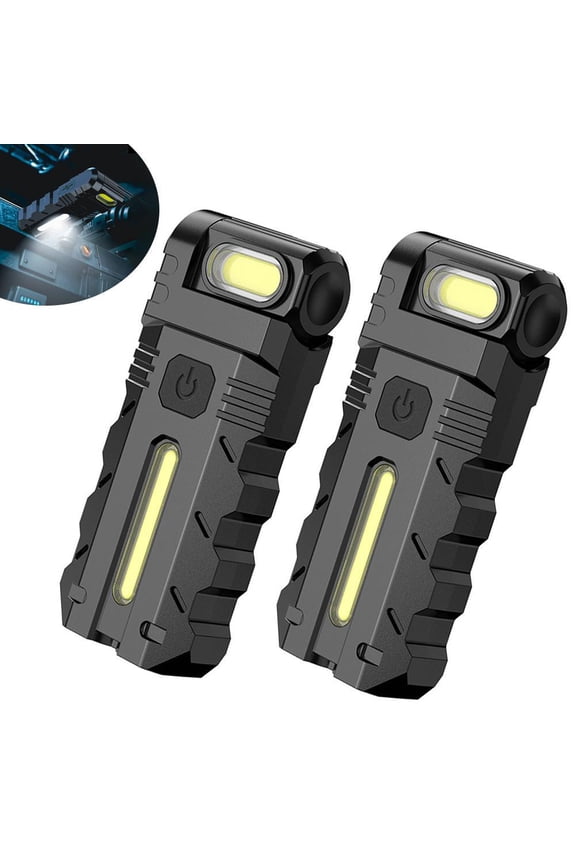 LED Work Light with Magnetic Base, USB-C Rechargeable Mini Keychain Flashlight, Dual Beam Hands-Free Pocket Light with Clip for Auto Repair, Mechanic, Camping & Emergency (2-Pack)
