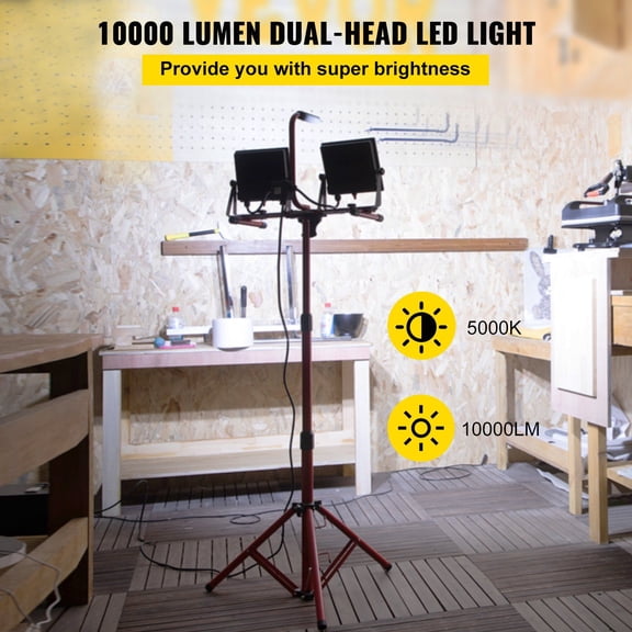 LED Work Light with Stand,10000 Lumen Dual-head LED Work Light with 27.6"-68.1"Adjustable&Foldable Tripod Stand,IP65 Waterproofed LED Tripod Work Light,with 5000 Kelvin Color Temperatu