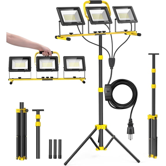 LED Work Light with Stand, 21000 Lume Super Bright, 3-Head Adjustable Cotruction Light, IP66 Waterproof Foldable Tripod Work Light with 16.5FT Power Cord for Garage, Workshop, Cotruction Site