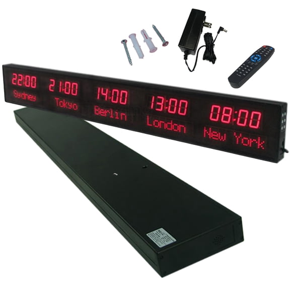LED World Clock 5 Time Zones - WiFi Auto-Sync Digital Wall Clock with 3-Level Brightness, Ultra-Clear Wide Viewing Angle, All-Aluminum Housing for Multinational Enterprises, Hotels & Offices