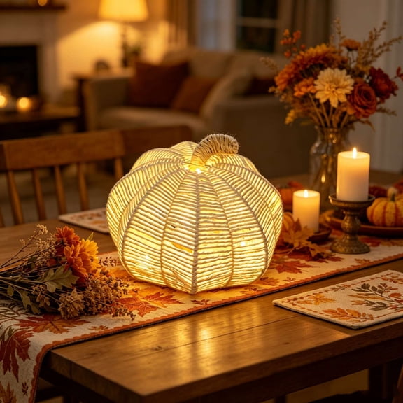 LED Woven Pumpkin Lantern, 8-Inch Cotton Rope Decorative Light for Thanksgiving and Halloween Table Centerpiece