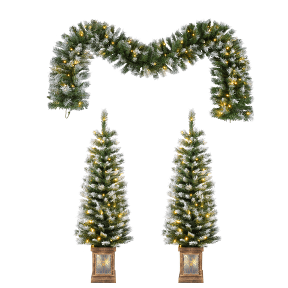 LED Xmas Set-Wreath & 2 Trees with Lights, Easy Assembly