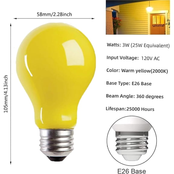 LED Yellow Bug Light Bulbs 3W (25W Equivalent) A19 Yellow Light Bulb LED Bug Bulb E26 Base Edison Decorative Bulb 2000K Amber Night Light Bulb for Outside Porch Patio Backyard Hallway,6 Pack