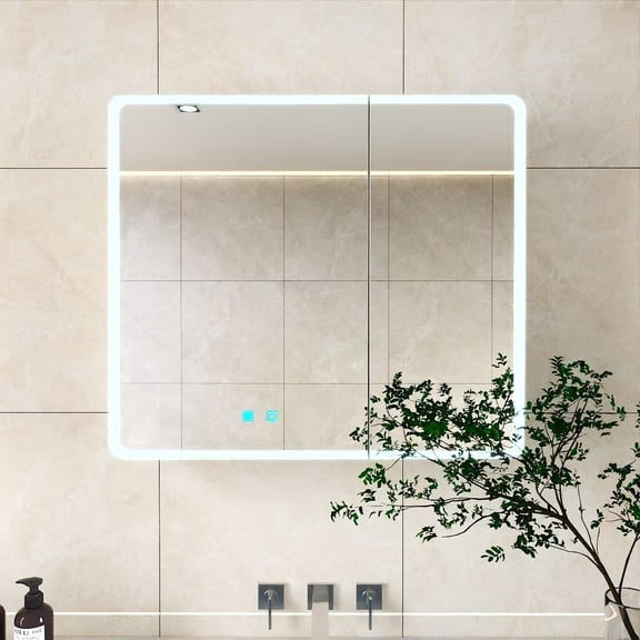 LED bathroom medicine cabinet with single-color white light ,Anti-fogging ,Easy to install Aluminum-plastic cabinet.(31.50*27.56 Two Door)