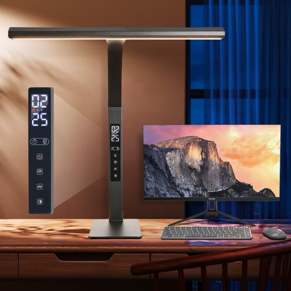 LED desk lamp for home office, architect computer work light,Touch color temperature stepless dimming and adjustable flexible gooseneck tube. desk lamp with clock , suitable for reading and studying.