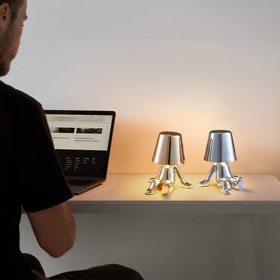 LED desktop decoration atmosphere lights, 2 pcs, small golden man table lamps, three-color dimming, soft lighting does not hurt the eyes, long-lasting battery life.
