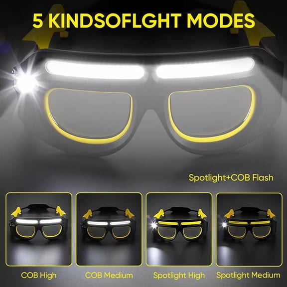 LED glasses with USB rechargeable headlights and 5 modes of headlights with motion sensor and touch control, suitable for running, camping, fishing, cycling, hiking, hands-free lighting glasses