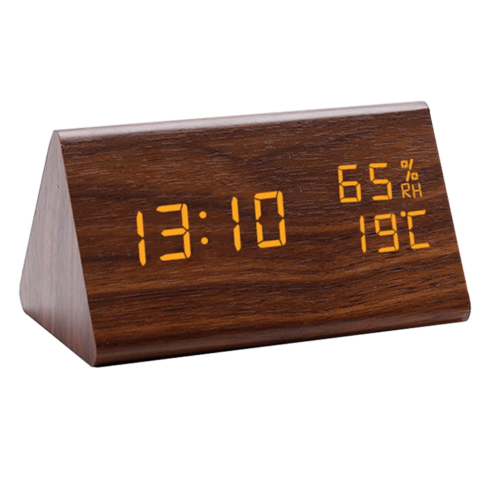 LED hygrometer alarm clock led wooden clock triangle electronic digital ...
