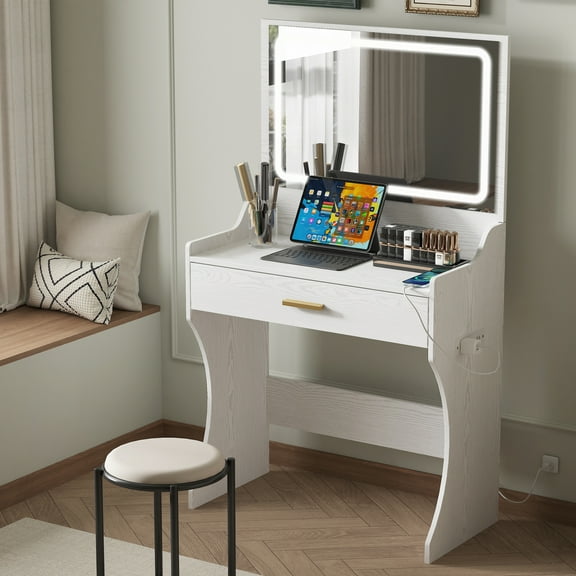 LED-illuminated Vanity Desk Set: Comprehensive Makeup Experience with Charging Station & Spacious Storage (White)