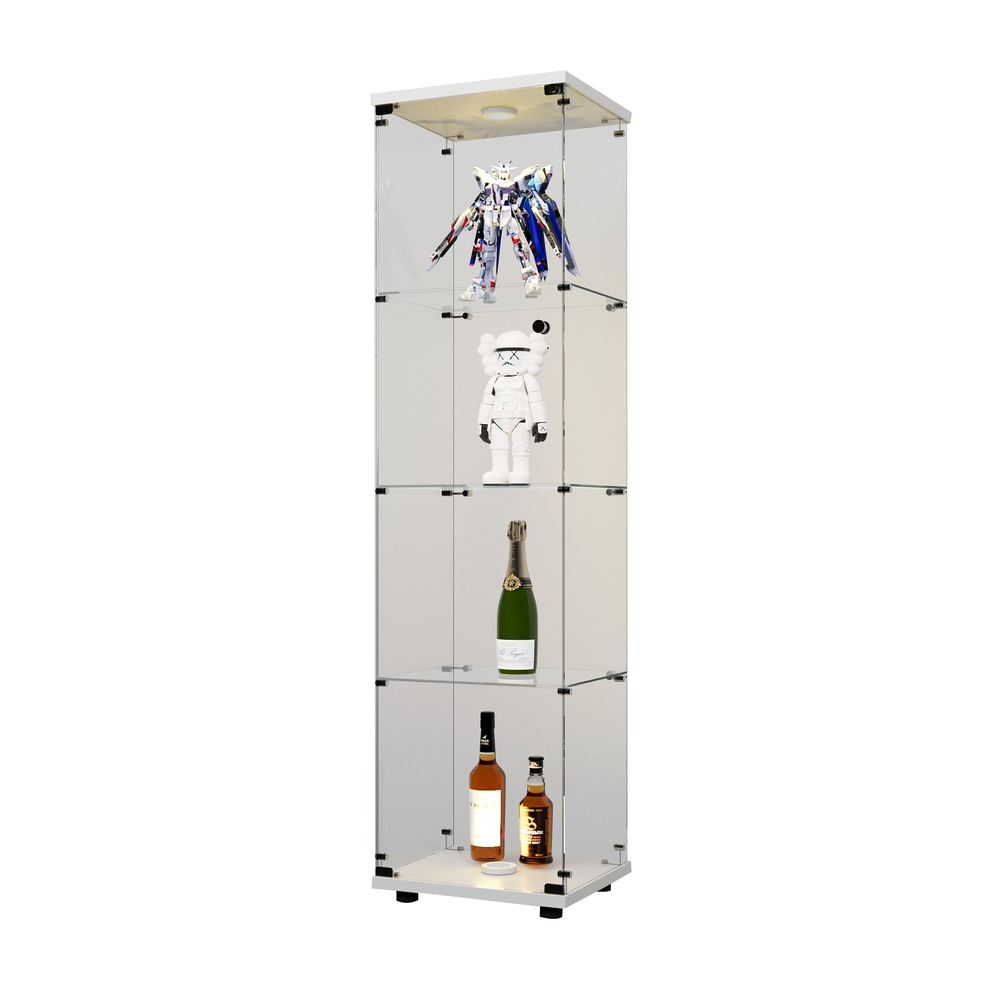 LED lights Glass Display Cabinet 4 Shelves with Door, Floor Standing Curio Bookshelf for Living Room Bedroom Office, 64.7"*16.7"*14.3", White