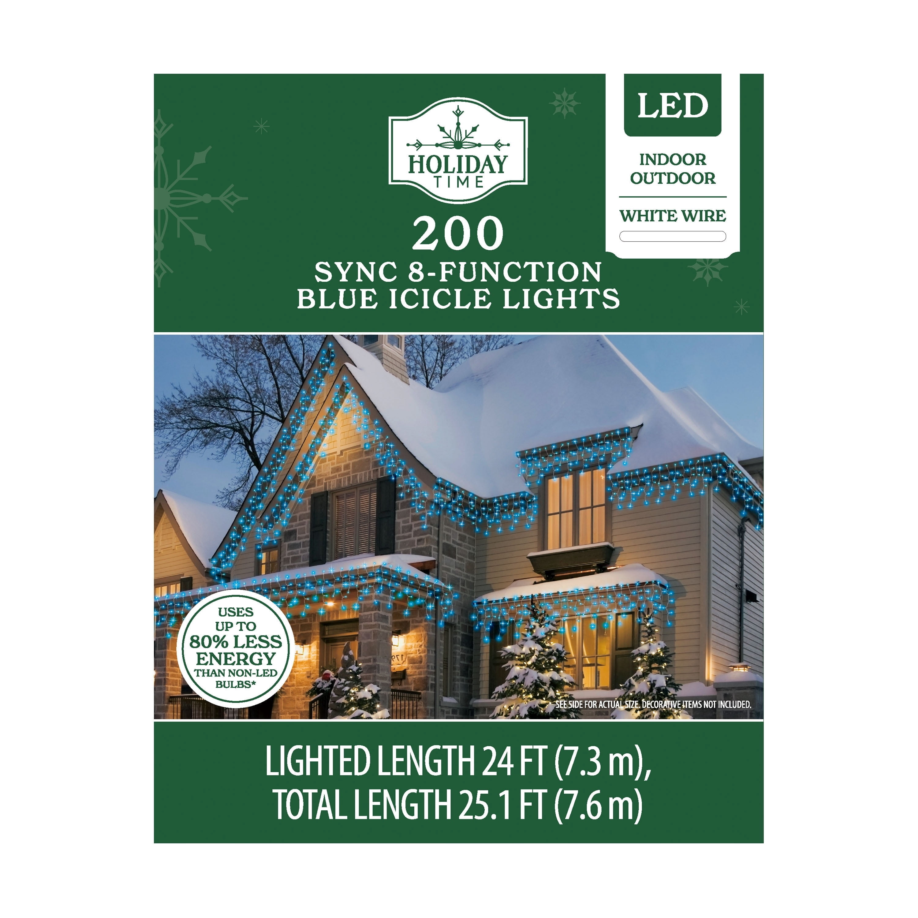 Indoor/Outdoor 200-Count LED 8-Function Sync Christmas Icicle Lights, Blue, White Wire, 24', by Holiday Time