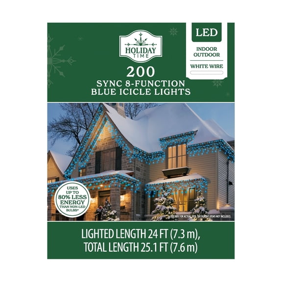 Indoor/Outdoor 200-Count LED 8-Function Sync Christmas Icicle Lights, Blue, White Wire, 24', by Holiday Time